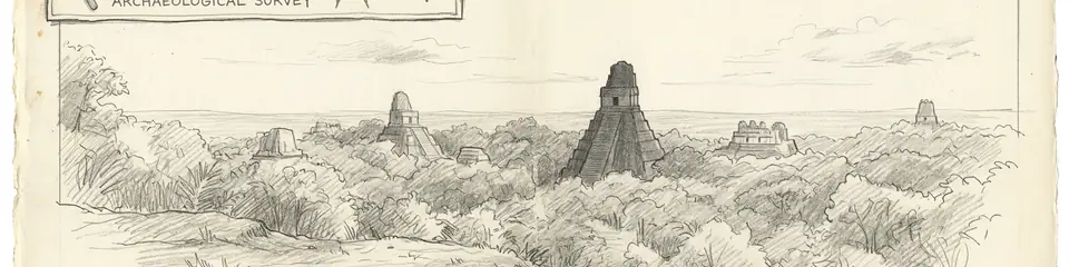 Graphite pencil sketch banner of Tikal