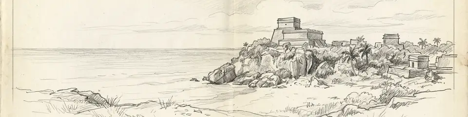 Graphite pencil sketch banner of Tulum