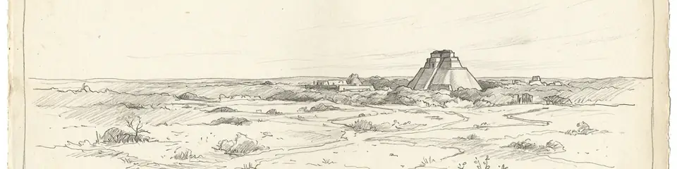 Graphite pencil sketch banner of Uxmal