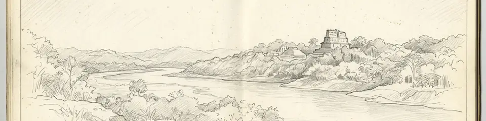 Graphite pencil sketch banner of Yaxchilan