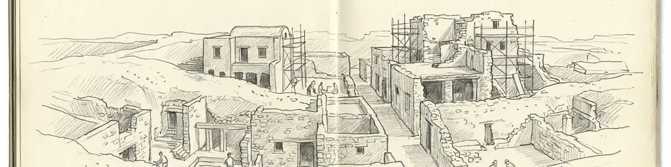 Graphite pencil sketch banner for “Akrotiri: The Bronze Age City Frozen in Ash”