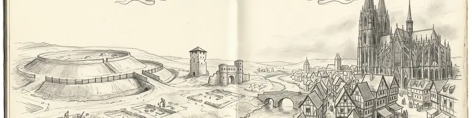 Graphite pencil sketch banner for “The Ancient Sites of Germany: From Celtic Cities to Gothic Cathedrals”