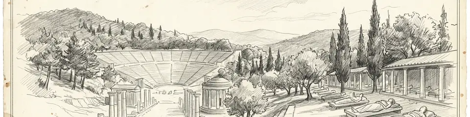 Graphite pencil sketch banner for “Epidaurus: Where the Greeks Came to Dream Themselves Well”