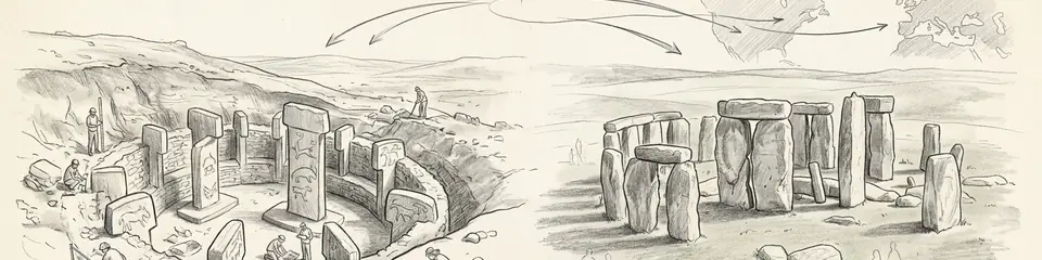 Graphite pencil sketch banner for “Göbekli Tepe vs Stonehenge: Which Is Older — and What That Changes”