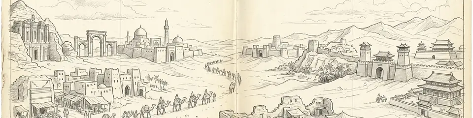 Graphite pencil sketch banner for “Incense and Silk: Ten Desert Cities That Moved the Ancient World”