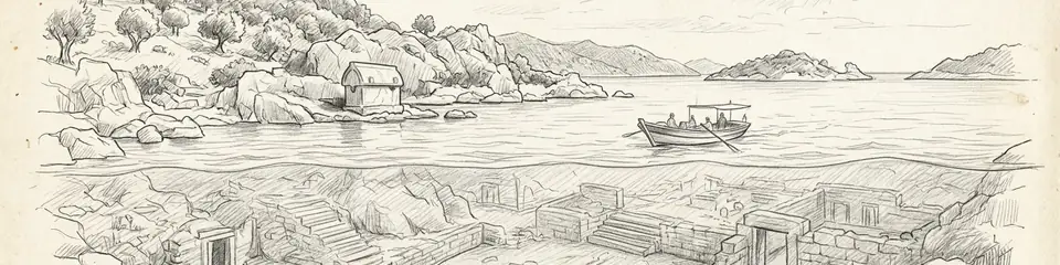 Graphite pencil sketch banner for “Underwater Secrets: Kekova's Sunken Lycian City”