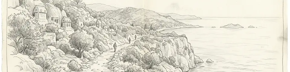 Graphite pencil sketch banner for “Walking the Lycian Way: Where Ancient Tombs Meet the Mediterranean”