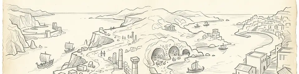 Graphite pencil sketch banner for “The Odyssey on Screen: Thirteen Real Places Behind Homer's Journey”