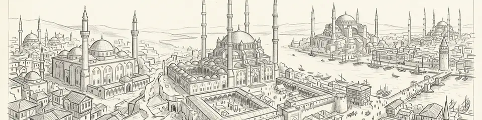 Graphite pencil sketch banner for “Three Capitals, One Empire: An Ottoman Journey Through Architecture”