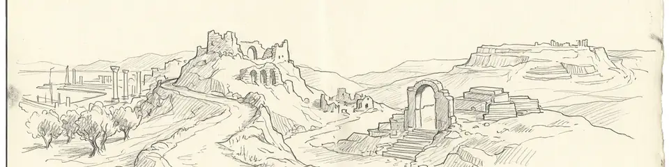 Graphite pencil sketch banner for “The Seven Churches of Revelation: Walking the Biblical Trail”
