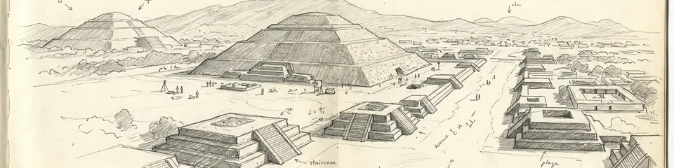 Graphite pencil sketch banner for “The City With No Name: The Mystery of Teotihuacan”