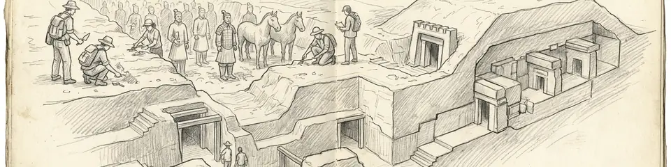 Graphite pencil sketch banner for “The Unopened Tomb: What Lies Beneath the Terracotta Army”