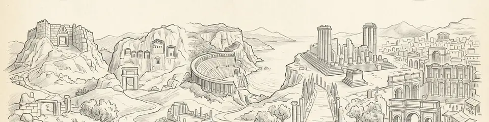 Graphite pencil sketch banner for “12 Must-Visit Ancient Sites in Anatolia”
