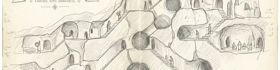 Graphite pencil sketch banner for “Carved into Darkness: The Underground Cities of Cappadocia”