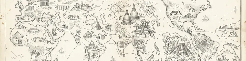 Graphite pencil sketch banner for “UNESCO Archaeological World Heritage Sites Map: Interactive Guide to Ancient Sites by Continent”