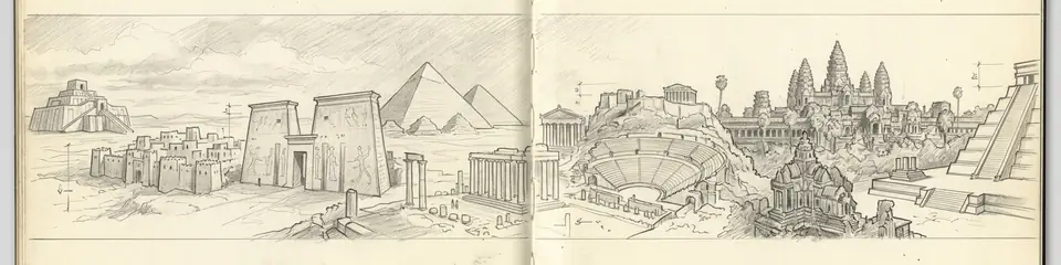 Graphite pencil sketch banner for “The World's 10 Greatest Ancient Sites: A Complete Guide for History Enthusiasts”