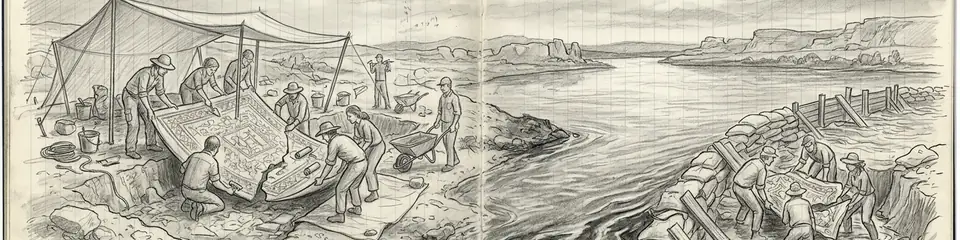 Graphite pencil sketch banner for “Racing the Floodwaters: How Archaeologists Saved the Mosaics of Zeugma”