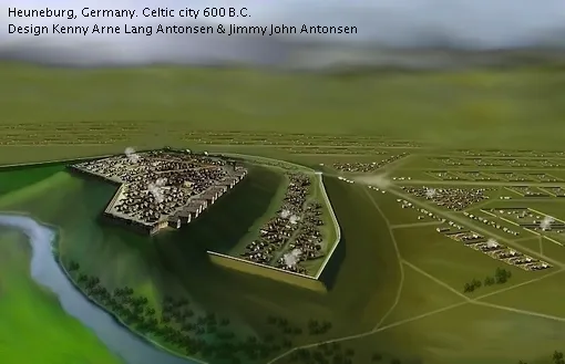Reconstruction of the early Celtic Heuneburg with its mudbrick wall above the Danube, Germany