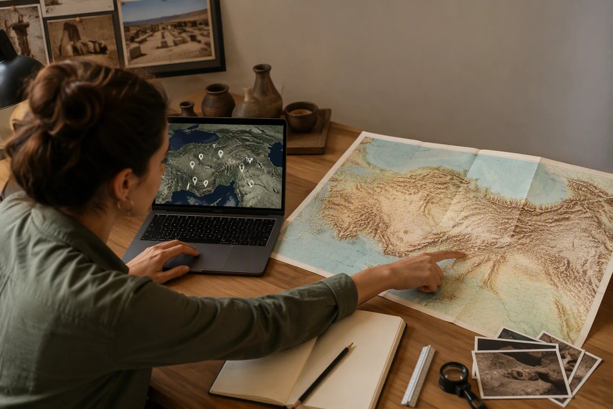 Archaeology student cross-referencing digital and paper maps of Anatolia