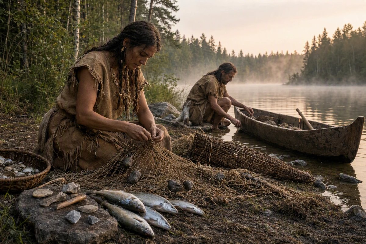 Mesolithic fishers mending nets by dawn river
