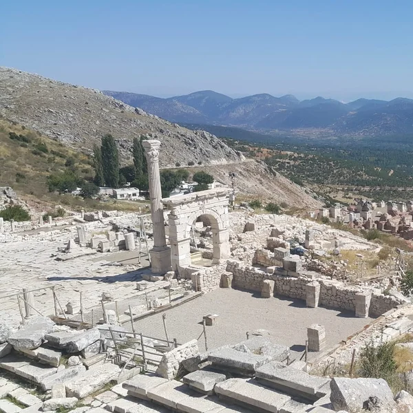 The reconstructed Antonine Nymphaeum at Sagalassos with mountains behind